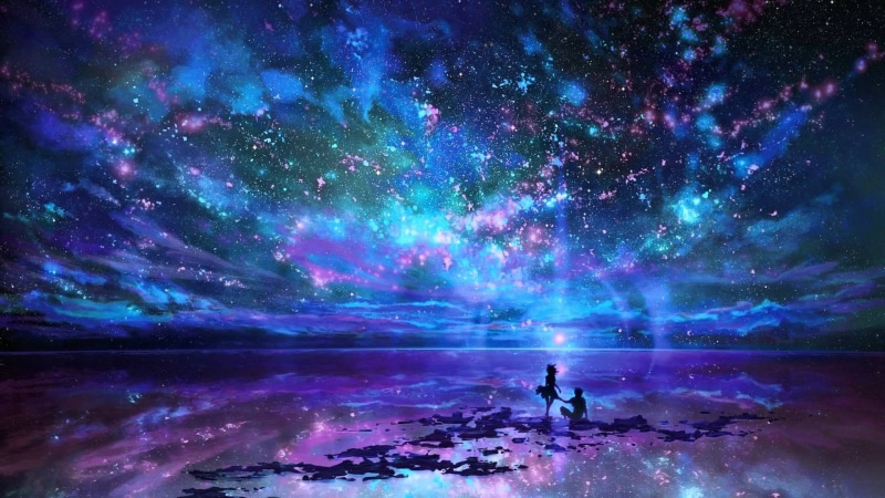 night, galaxy, 1080P, star - space, sea, space, leisure activity, beauty in nature, illustration, one person, sky, astronomy, lifestyles, purple, full length