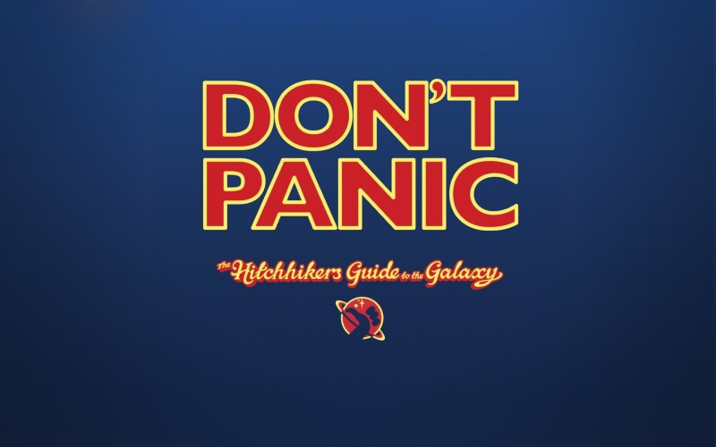 multi colored, blue, illuminated, neon, lighting equipment, blue background, Dont Panic, capital letter, gambling, communication, night, marketing, copy space