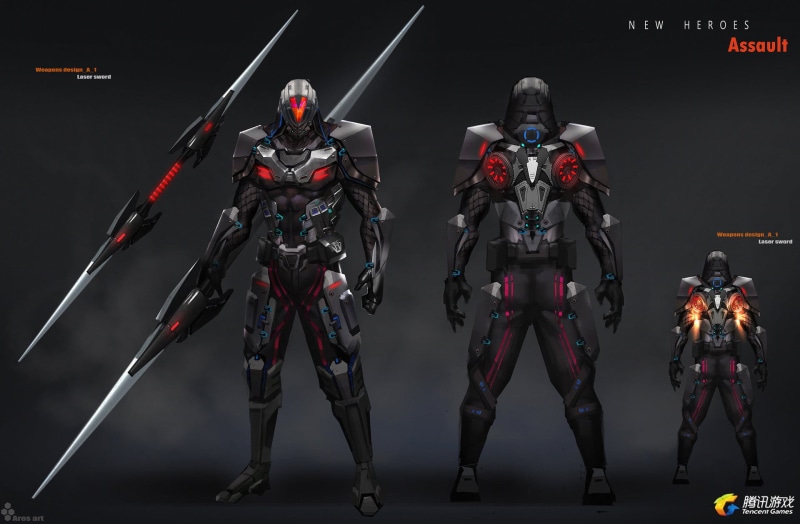 armor, glowing, laser, cyborg, blades, warrior, science fiction, sword, dark, helmet, weapon, drawing, 1080P, jetpack
