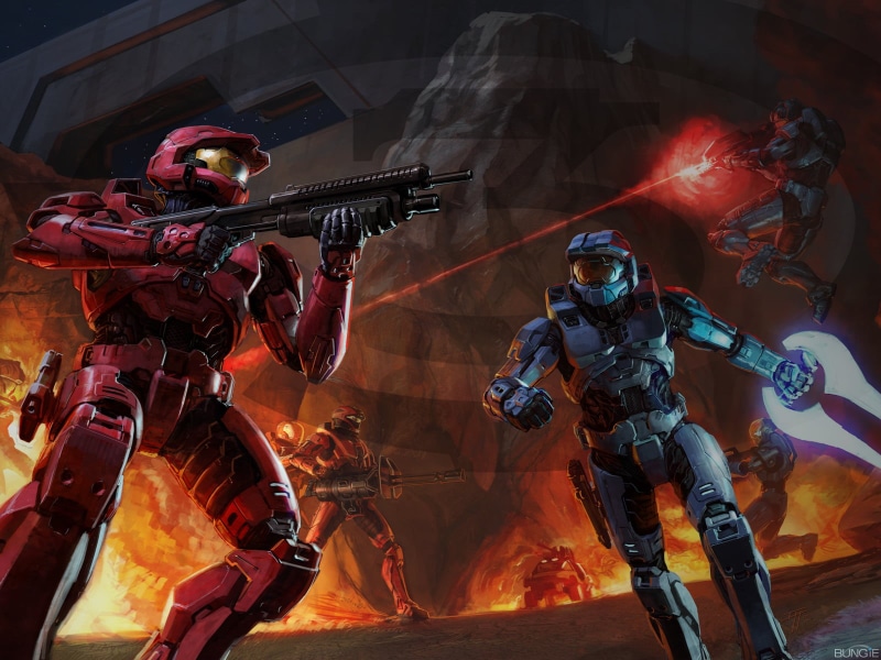 night, video games, 720P, energy sword, Spartan laser, Halo, war, Warthog, shotgun, game art, machine gun, Spartans (Halo), futuristic armor, explosion