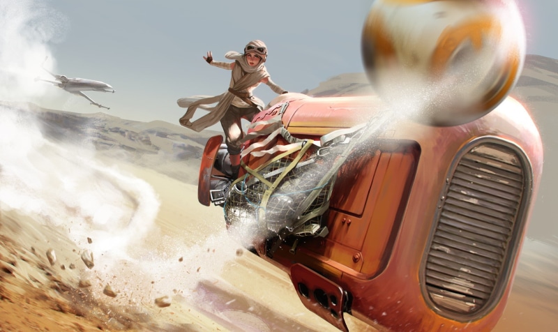 day, motion, water, artwork, people, 1080P, sky, human representation, land vehicle, Star Wars, Star Wars: The Force Awakens, Rey (from Star Wars), activity
