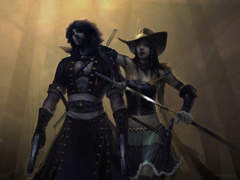 disguise, muscles, 2K, aggression, arts culture and entertainment, front view, two people, games art, weapon, warrior, unrecognizable person, women with swords