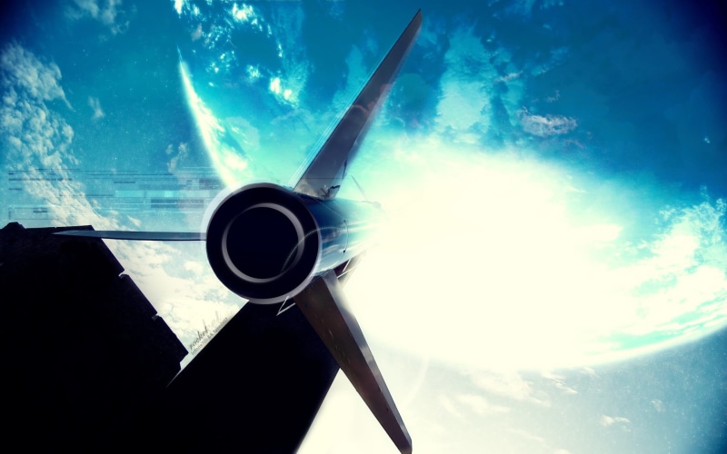 futuristic, spaceship, engine, low angle view, mid-air, no people, black, cloud - sky, transportation, flying, leaving, day, directly below, outdoors, space