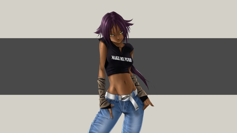 dark hair, belt, 4K, anime, arm warmers, jeans, cat girl, purple hair, fangs, dark skin, Shihouin Yoruichi, belly, yellow eyes, anime girls, Bleach, tank top