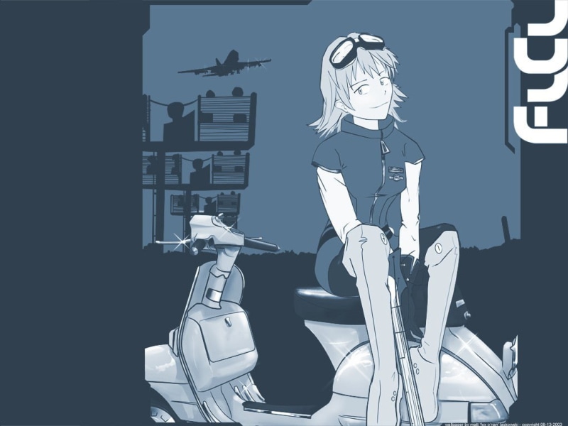 technology, seat, men, indoors, one person, FLCL, real people, chair, anime, Haruhara Haruko, adult, creativity, human representation, business, representation