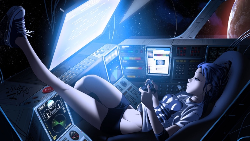 anime, 4K, SPACEOUT, anime girls, console, space