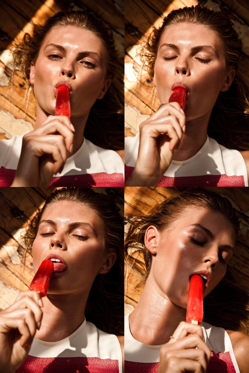 collage, 2K, phallic symbol, women, Maryna Linchuk, women indoors, open mouth, closed eyes, popsicle, blonde, model