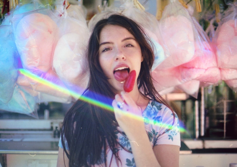 looking at viewer, women, cotton candy, 1080P, popsicle, black hair, long hair, dark hair, open mouth, women outdoors