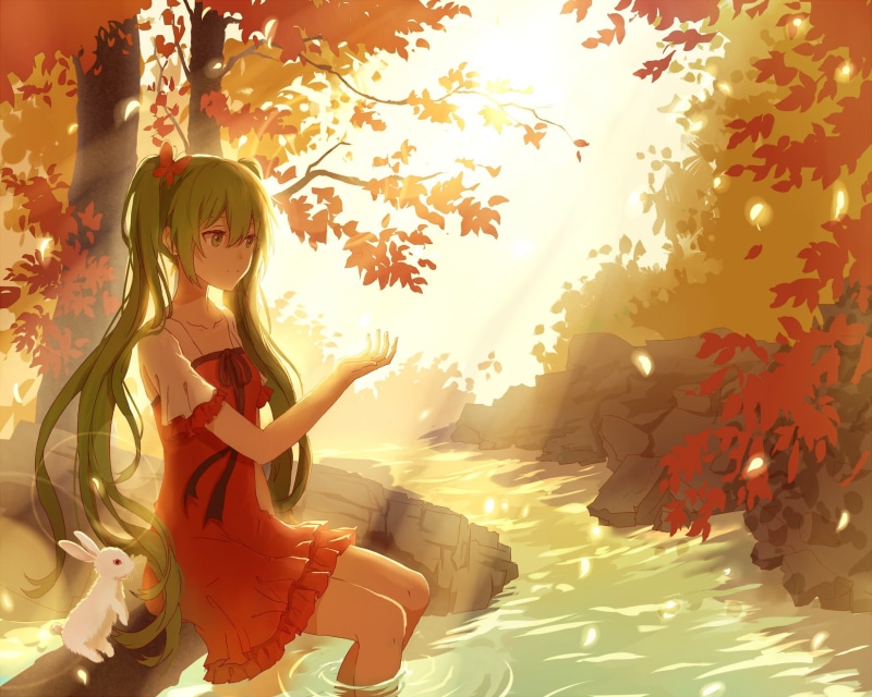 rabbit, Hatsune Miku, nature, child, female, flower petals, leisure activity, females, Vocaloid, haired, green, character, twintails, sitting, art and craft