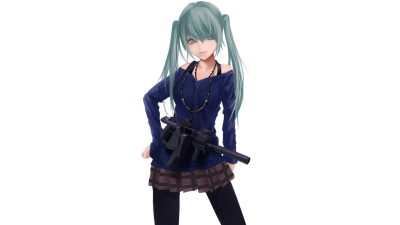 haired, white background, hairstyle, young women, gun, studio shot, holding, weapon, women, looking at camera, anime, Vocaloid, 1080P, Hatsune Miku