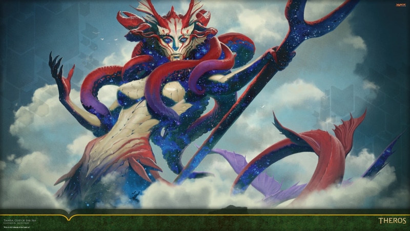 Theros, low angle view, sky, art and craft, cloud - sky, medusa, Jason Chan, outdoors, screengrab, no people, craft, multi colored, human representation