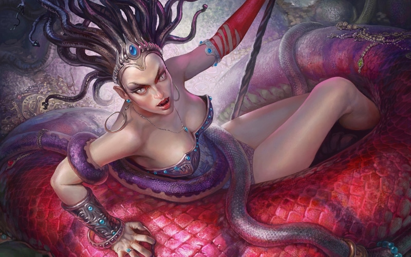 snake, Girls, girl, 2K, serpent, women, Medusa, woman, fantasy, art, artwork, warrior