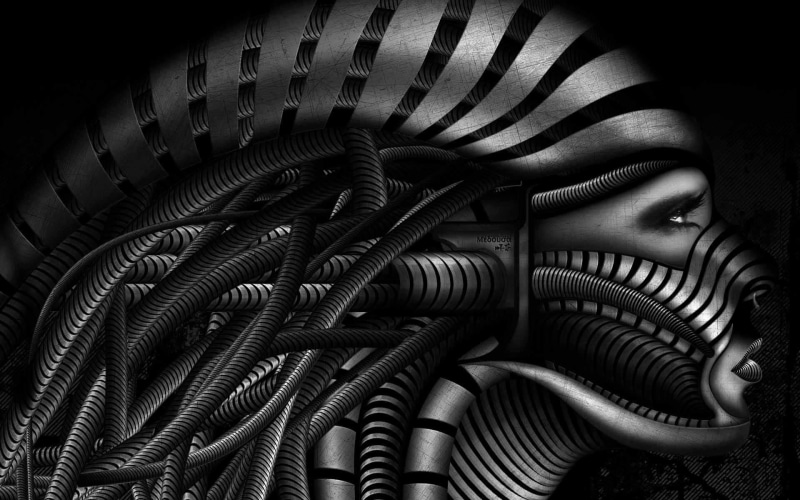 technology, futuristic, backgrounds, monochrome, 1080P, indoors, spiral, pipe - tube, pattern, design, profile, robot, machine part, metal, wires, face