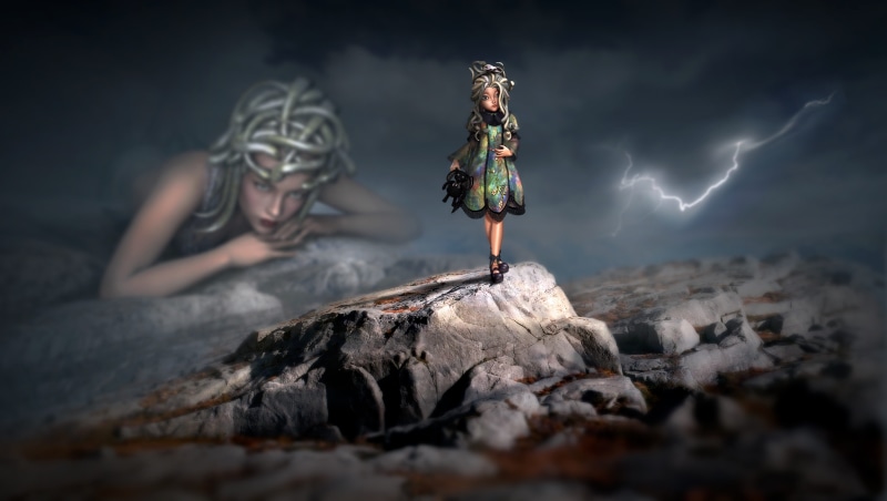 stones, fairy tales, full length, photo montage, nature, medusa, atmospheric, outdoors, standing, fantasy, fantastic, dramatic, dress, sky, history, 4K