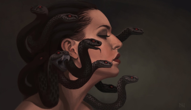 Medusa, people, portrait, reptile, dark, mouth open, female likeness, art and craft, halloween, young women, indoors, human Face, fashion, hairstyle, profile