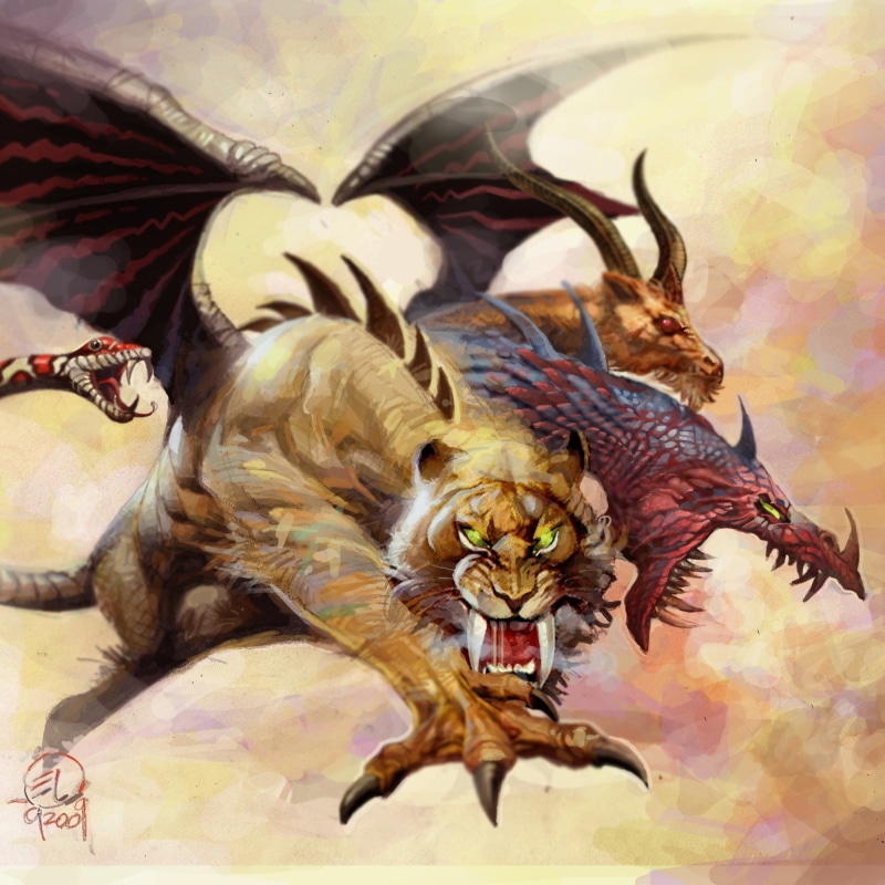 lion, monster, mythology, snake, chimera, tusks, tiger, predator, dragon, tora, goat, scales, 1080P, claws, wings
