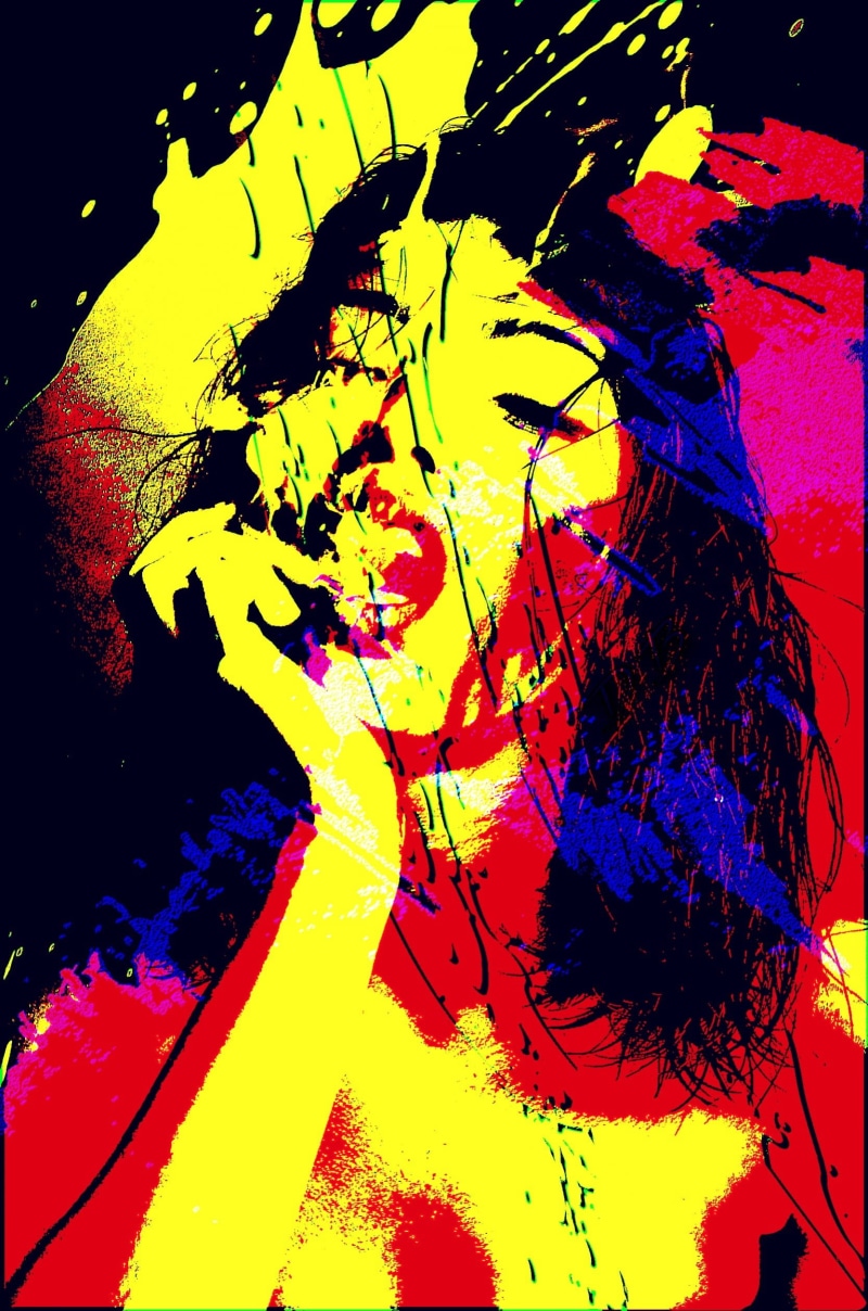 multi colored, multicolored, pop art, artistic, young adult, hard mix, wearing, color, one person, portrait, hairstyle, painting, human body part, woman