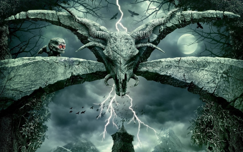 animal, branch, representation, 720P, water, no people, forest, skull, reflection, tree trunk, viy, tree, trunk, illustration, dead, movie, nature, digital composite