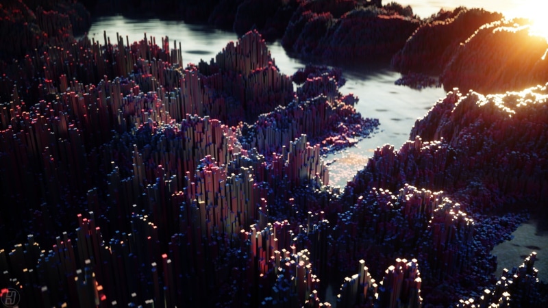 cubic, environment, no people, sky, hill, mountain top, beauty in nature, day, 3D, tall - high, scenics - nature, illuminated, sunlight, 1080P, purple