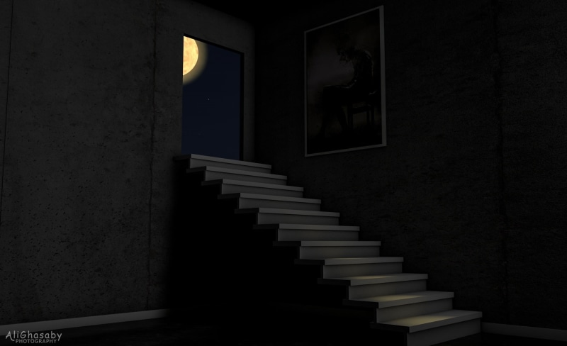 virtual, room, shadow, built structure, 3D, steps and staircases, sunlight, nature, moon, alighasaby, wall - building feature, window, empty, wall, architecture