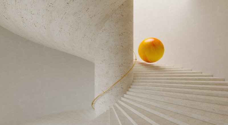Artistic, fruit, 1080P, food and drink, 3D, orange color, Stairs, balloon, indoors, Design, staircase, Ball, citrus fruit, Cinema4D, freshness, steps and staircases
