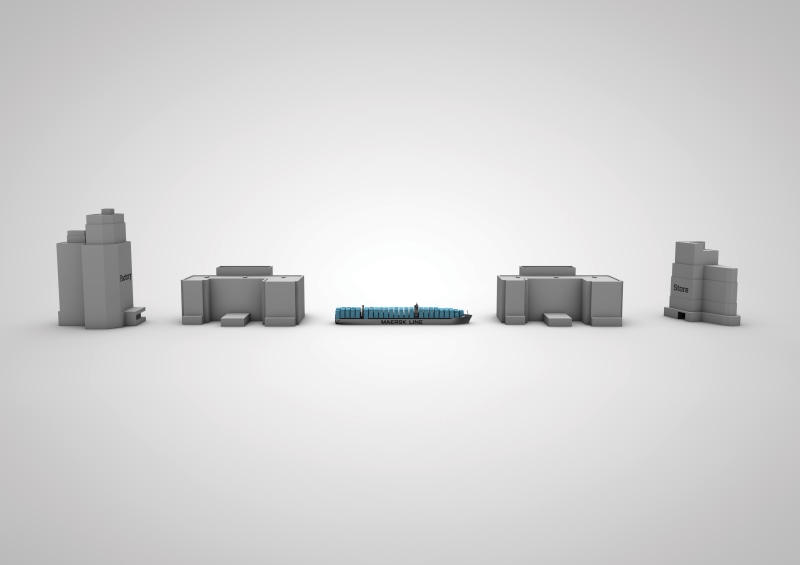 gray, Maersk Line, shadow, indoors, white background, building, gray background, copy space, container ship, group of objects, 4K, blue, side by side