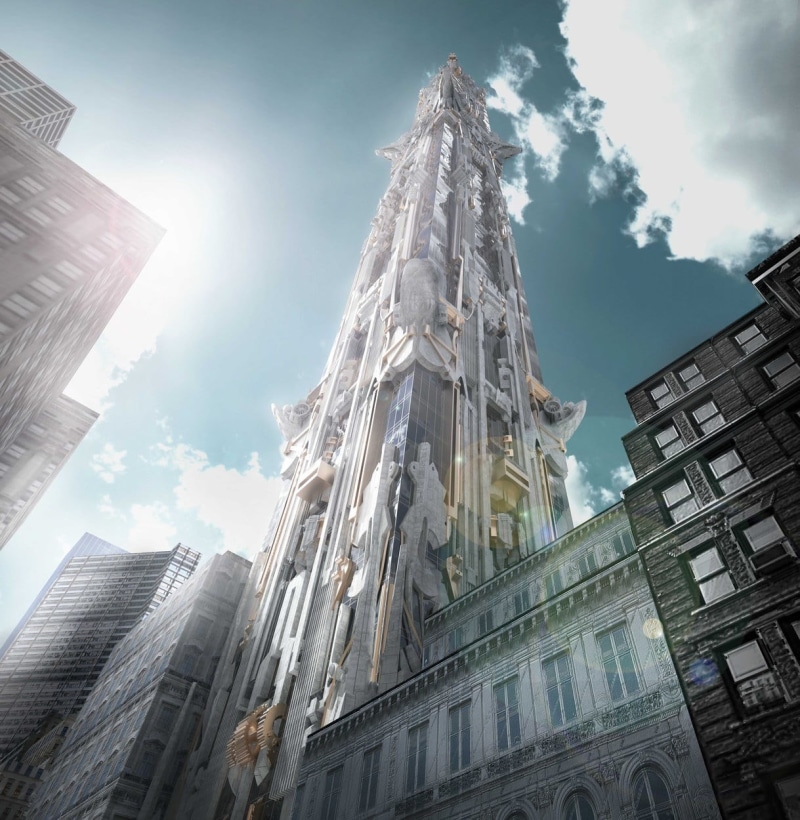 building, CGI, skyscraper, USA, worms eye view, modern, render, white, 480P, painted, architecture, 3d object , sculpture, window, New York City, clouds