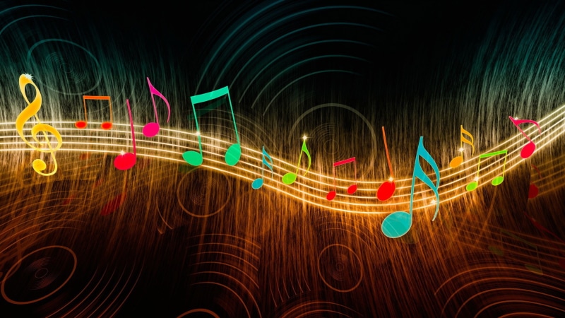 1080P, music, circle, glowing, colorful, treble clef, digital art, musical notes, wavy lines
