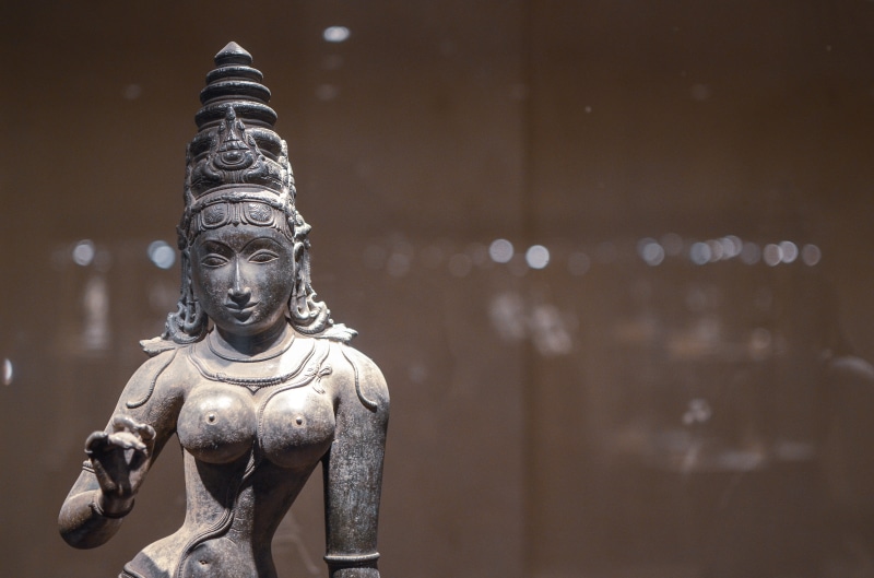 no people, architecture, craft, representation, god, ornate, goddess, close-up, hindu, parvati, metal, creativity, male likeness, belief, old, sculpture