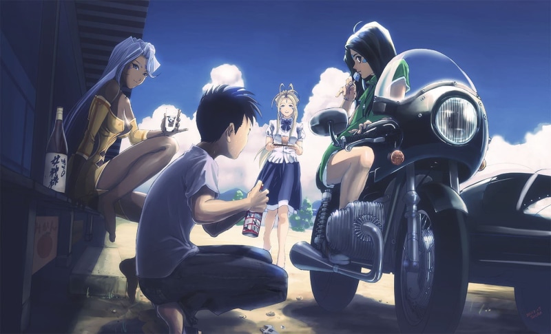 women, young adult, crash helmet, 720P, motorcycle, sky, people, young men, casual clothing, lifestyles, land vehicle, day, Skuld, Ah! My Goddess!, Morisato Keiichi