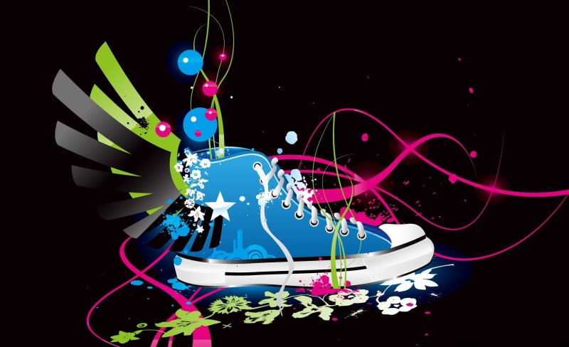 decoration, creativity, pattern, black background, white, Creative, nature, Sneaker, water, illuminated, indoors, blue, splashing, red, Vector Art, close-up