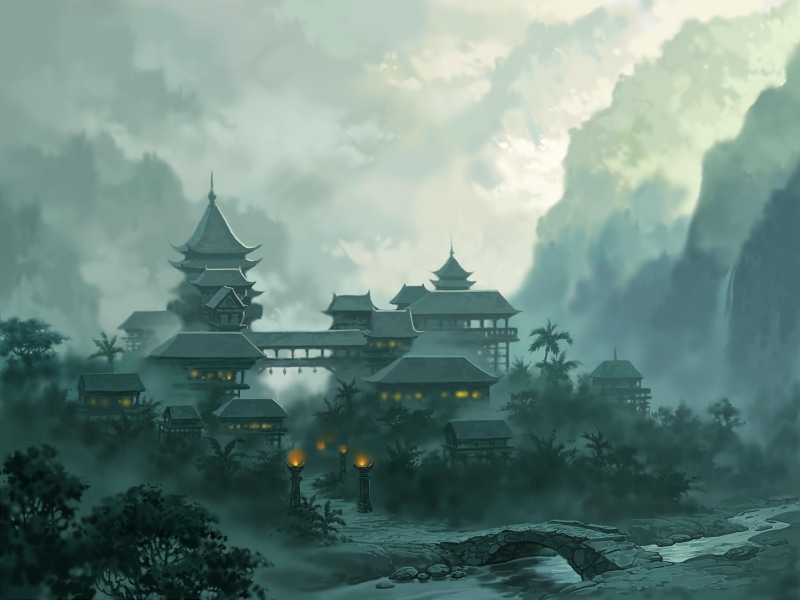 asian, artwork, fantasy, landscape, cloudy, town, blue, 3d and abstract, oriental, architecture, 1080P