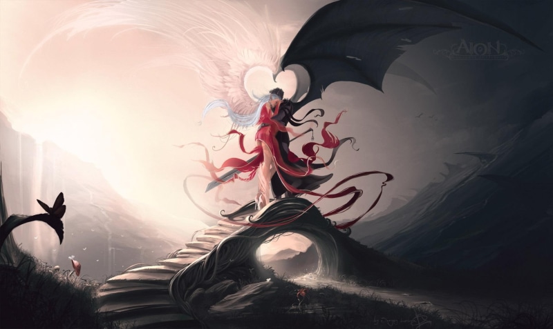 white, 1080P, fantasy, couple, black, kiss, aion, game, girl, love, wings, 3d and abstract, woman