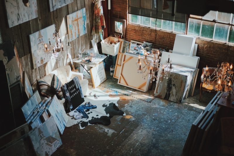lcd screen, obsolete, hardwood, assorted, 5K, furniture, large group of objects, floor, creativity, inside, electronics, messy, day, abandoned, banister