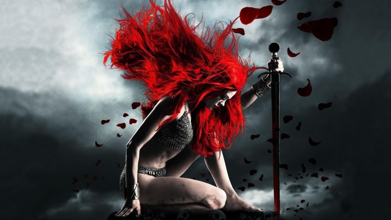 redhead, 3d and abstract, 1080P, red, warrior, holding, woman, sword, red petals, illustration, darksky, hair