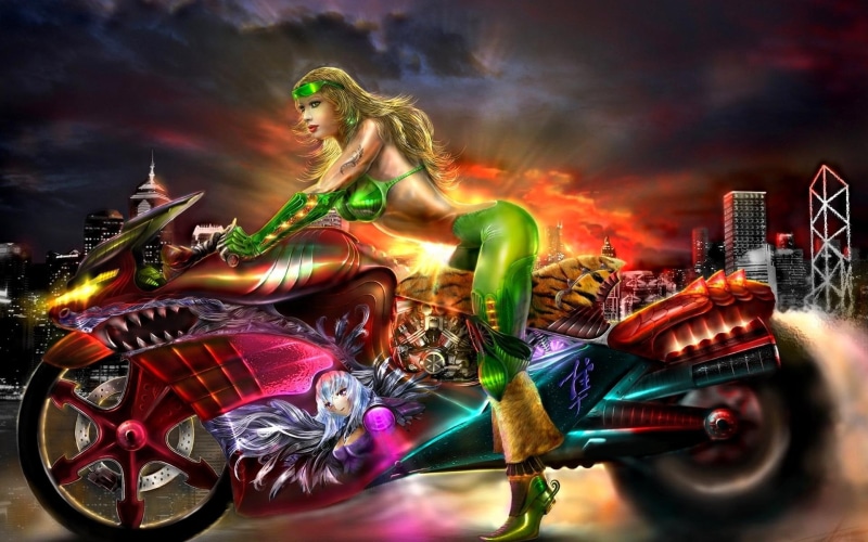 1080P, illustration, riding, bike, 3d and abstract, buildings, woman, amp, smoke, motorcycle, girl