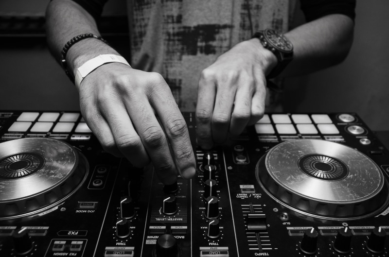 dj, CDJ, person, nightlife, human body part, indoors, playing, equipment, stereo, mixer, electronics, grayscale, gramophone, phonograph record, occupation