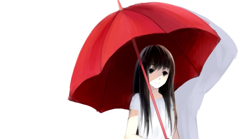 anime, cut out, black hair, textile, nature, 1080P, wet, umbrella, emotion, anime girls, protection, red, security, waist up, studio shot, indoors, blue eyes