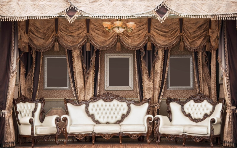 absence, curtain, building, movie Theater, craft, classical Style, style, chair, 2K, tufted, furniture, wealth, floral pattern, white, retro Styled, set