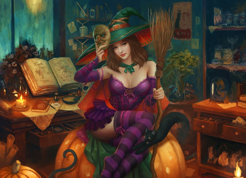 720P, purple dresses, Mario Wibisono, broom, pumpkin, cat, women, fantasy art, digital art, redhead, witch, cleavage, tall socks, artwork, colorful, Halloween