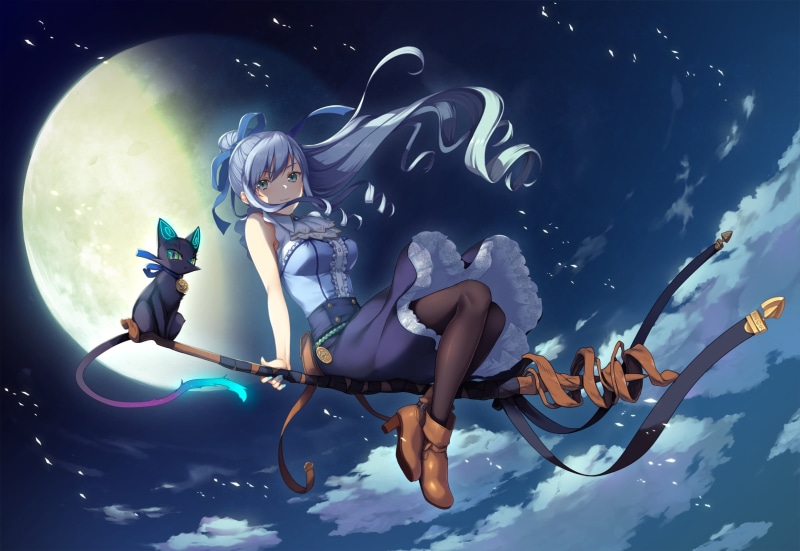 broom, games art, witch, 1080P, night, cat, anime, girl, Deep One, the moon