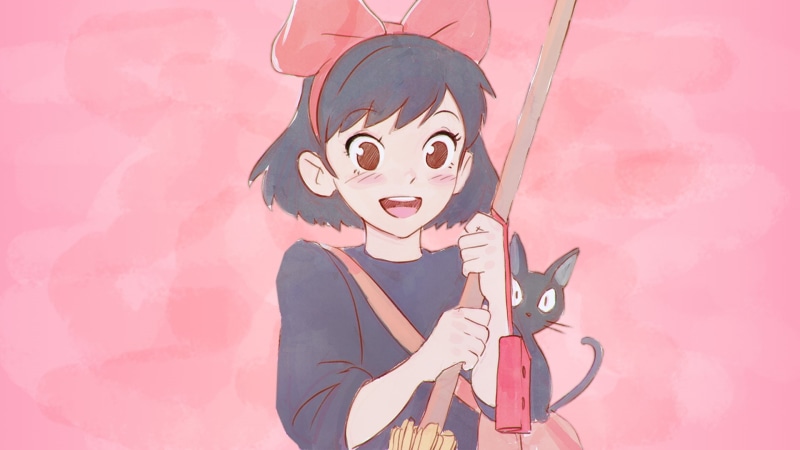 Kikis Delivery Service, schoolgirl, brunette, anime girls, 1080P, fantasy art, witches broom, women, digital art, cat, artwork, witch, original characters
