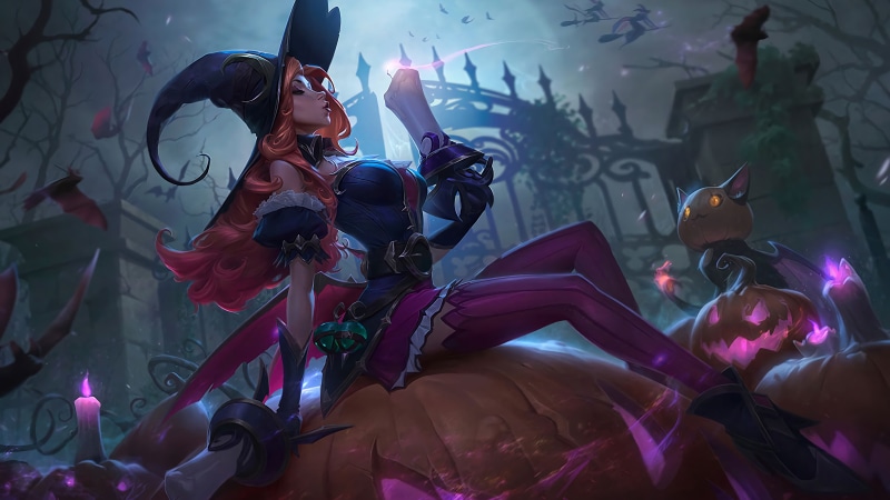 redhead, fantasy art, Miss Fortune, holiday, gate, artwork, fantasy, fire, pumpkins, fantasy girl, witch hat, stockings, Jack O Lantern, League of Legends