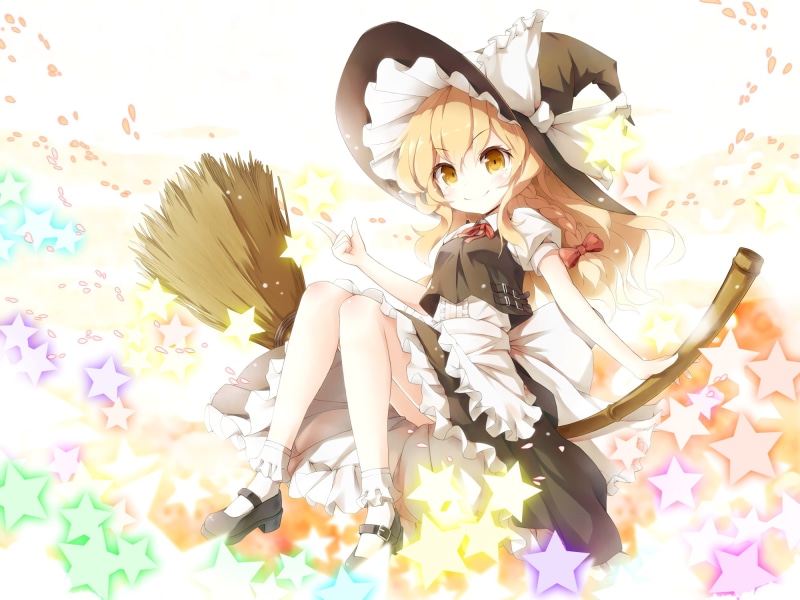 anime girls, long hair, ribbon, flower, 1080P, portrait, one person, nature, anime, celebration, lifestyles, broom, Kirisame Marisa, plant, floral pattern