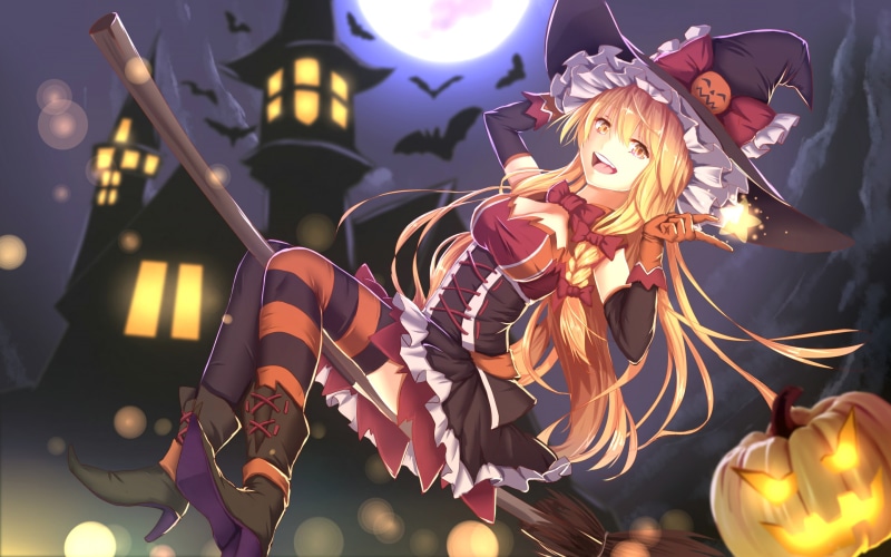 halloween costume, blonde, 2K, smiling, witch, broom, anime girl, Anime, dress