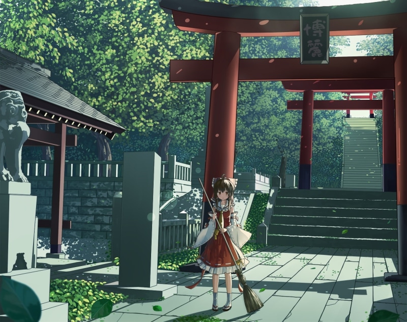 720P, casual clothing, building exterior, built structure, outdoors, sunlight, one person, broom, architecture, adult, Anime, hakurei reimu, leisure activity