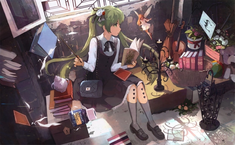 string instrument, retail, choice, wands, sunlight, ribbon, day, Vocaloid, art and craft, teddy bears, long hair, nature, 720P, human representation, market