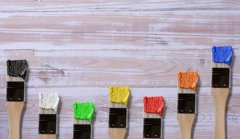 seven, assorted, multi colored, indoors, renovate, empty, job, background, red orange, brown, house painter, brushes, creative, colorful, 5K, painter