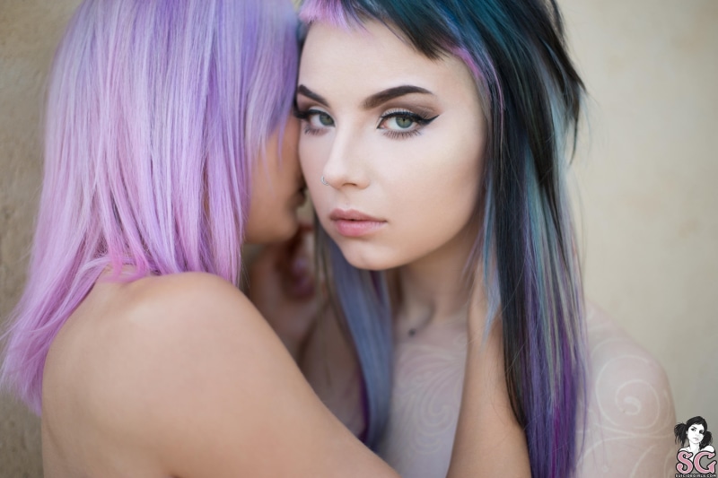 lifestyles, Karanlit Suicide, lesbians, dyed hair, Indigo Suicide, 2K, two women, real people, young adult, women, long hair, contemplation, nose rings
