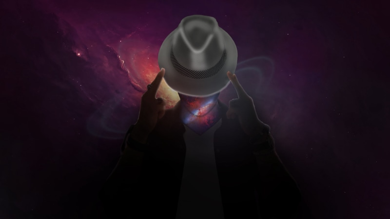 mature adult, white, studio shot, holding, human body part, black background, standing, adult, cowboy hat, man, hand, universe, space, mystery, star - space